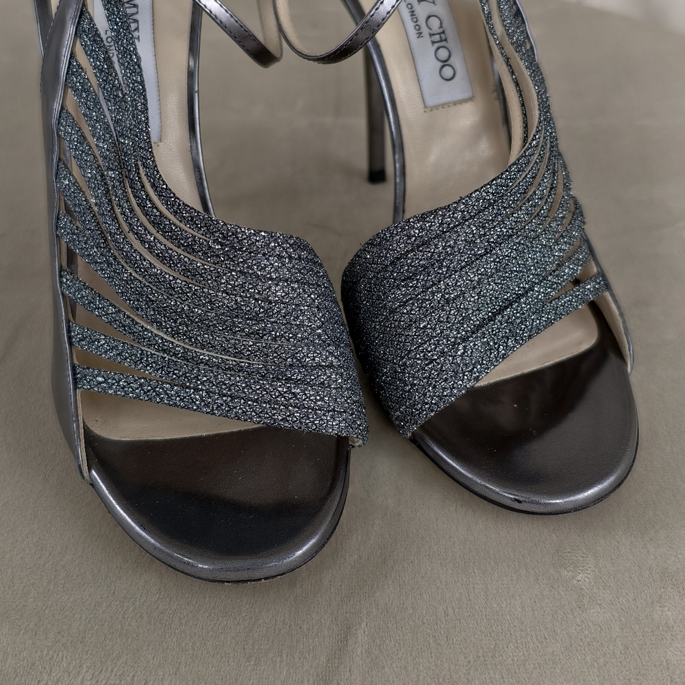 Jimmy Choo Glittering Metallic Silver Open-Toe Heels - Picture 6 of 8